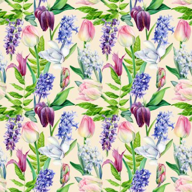 Pembe laleler ve yapraklar, suluboya bahar çiçekleri, kusursuz bir arka plan. Yüksek kaliteli illüstrasyon