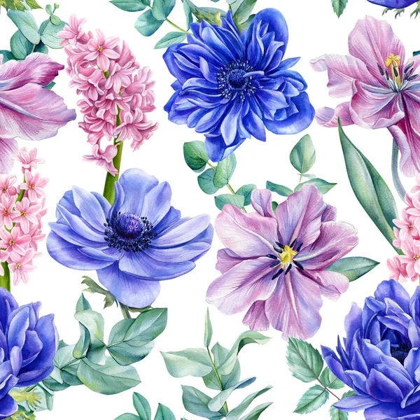 Bahar Çiçekleri Çiçekli Arka Plan Suluboya Resim Anemone Sümbül Dikişsiz — Stok fotoğraf