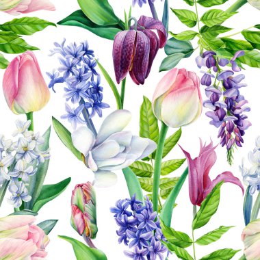 Pembe laleler ve yapraklar, suluboya bahar çiçekleri, kusursuz bir arka plan. Yüksek kaliteli illüstrasyon