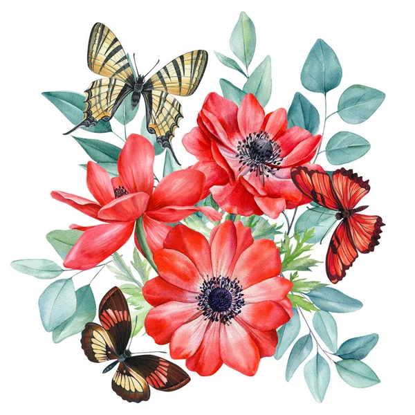 Πεταλούδα Και Κόκκινα Λουλούδια Υδατογραφία Βοτανική Εικονογράφηση Ανεμώνη Λουλούδι Ευκάλυπτος — Φωτογραφία Αρχείου