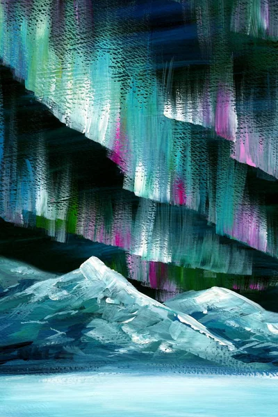 북극광 밤에는 산이고 겨울에는 북극광 비추죠 아크릴 페인팅 고품질 — 스톡 사진