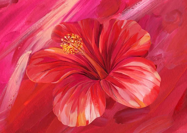 Hibiscus red flower painted with acrylic on canvas. Modern hand drawn art. High quality illustration