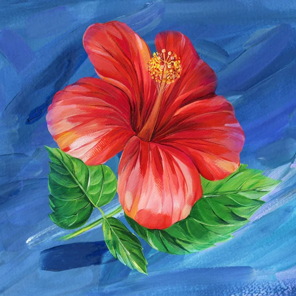 Hibiscus red flower painted with acrylic on canvas. Modern hand drawn art. High quality illustration