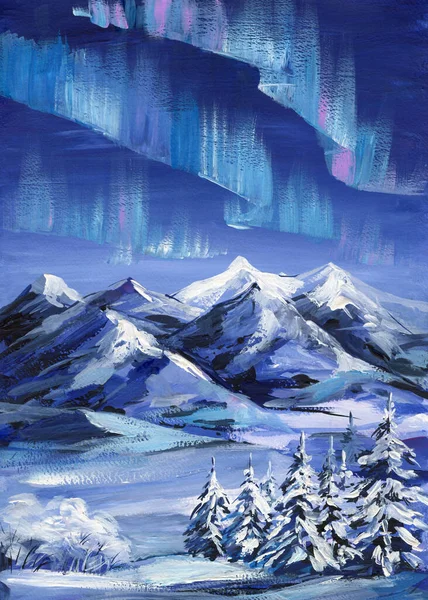 Горы Снегу Ночью Северное Сияние Акриловая Живопись Холст Маслом Зимний — стоковое фото