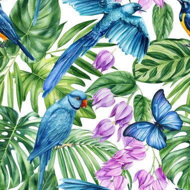 Beyaz arka planda tropik palmiye yaprakları, çiçekler ve kuşlar. Suluboya elle boyanmış. Çiçeksiz desen. Orman tasarımı. Yüksek kaliteli illüstrasyon
