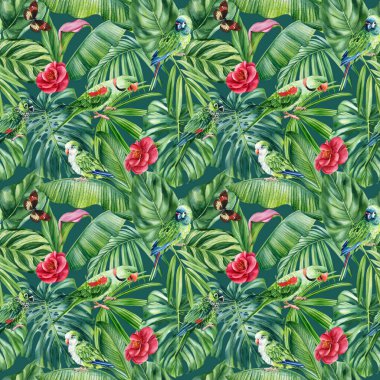 Beyaz arka planda tropik palmiye yaprakları, çiçekler ve kuşlar. Suluboya elle boyanmış. Çiçeksiz desen. Orman tasarımı. Yüksek kaliteli illüstrasyon