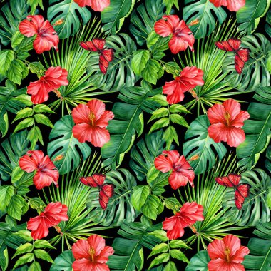 Tropik yapraklar, kelebekler, amber çiçekleri. Çiçek arkaplan. Suluboya botanik çizimler, kusursuz desenler. Yüksek kaliteli illüstrasyon