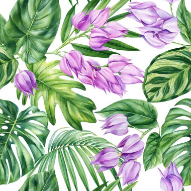 Palmiye yaprakları, menekşe çiçekleri, tropik arka plan, suluboya botanik resim. Kusursuz desen, orman duvar kâğıdı. Yüksek kaliteli illüstrasyon