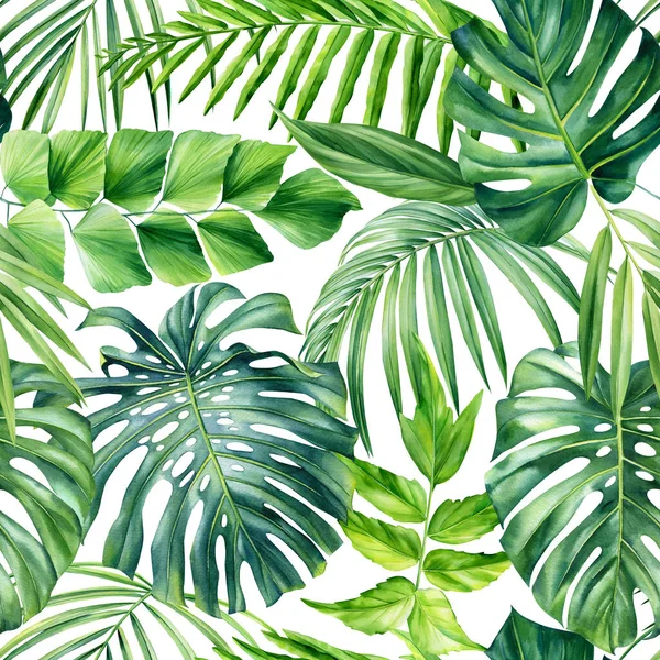 Palm Leaves Tropical Background Hand Drawn Watercolor Botanical Painting Seamless — Stock Photo, Image