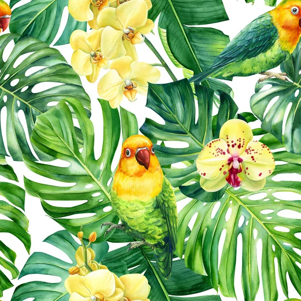 Tropical palm leaves, orchid flowers and lovebird birds. Watercolor hand-painted. Floral Seamless pattern. Jungle design. High quality illustration