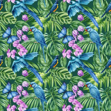 Beyaz arka planda tropik palmiye yaprakları, çiçekler ve kuşlar. Suluboya elle boyanmış. Çiçeksiz desen. Orman tasarımı. Yüksek kaliteli illüstrasyon