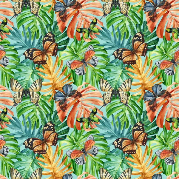 Palm Leaves Tropical Butterfly Colored Background Watercolor Painting Seamless Pattern — Stock Photo, Image