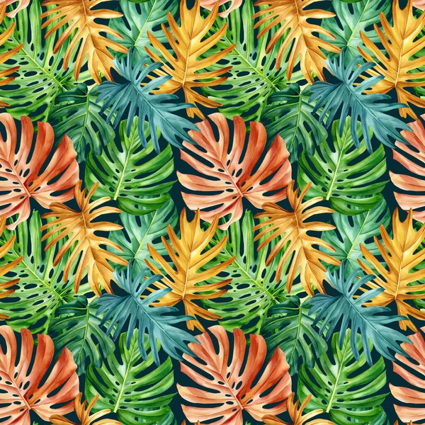 Colored Palm leaves, tropical background, watercolor painting. Seamless pattern, jungle wallpaper. High quality illustration