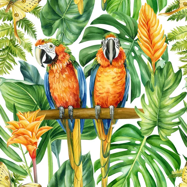 Barevné Palmové Listy Tropické Pozadí Ručně Kreslené Akvarelové Botanické Malby — Stock fotografie