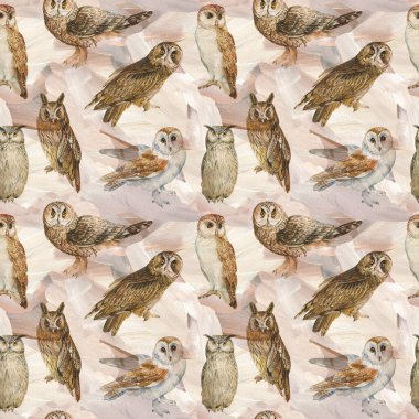 Vahşi, pürüzsüz desen. Soyut akrilik boya kahverengi, bej rengi. Baykuş sanatı. Grafik tasarım duvar kağıdı arkaplanı. Yüksek kaliteli illüstrasyon