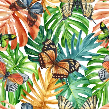 Palmiye yaprakları, tropik kelebekler. Renkli arka plan, suluboya resim. Kusursuz desen, orman duvar kâğıdı. Yüksek kaliteli illüstrasyon