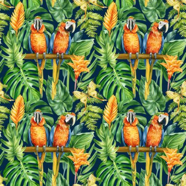 Renkli palmiye yaprakları, tropik arka plan, elle çizilmiş suluboya botanik resim. Kusursuz desen, orman duvar kâğıdı. Yüksek kaliteli illüstrasyon