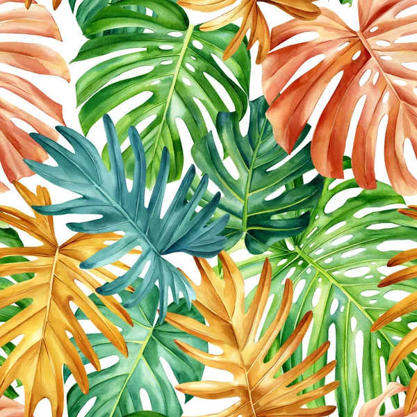 Kolorowe Liście Palmy Tropikalne Tło Malarstwo Akwarelowe Płynny Wzór Tapeta — Zdjęcie stockowe