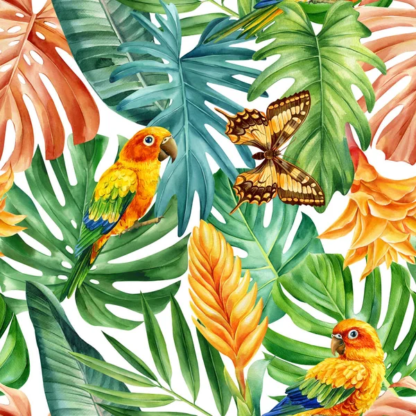 Colored leaves, lovebird, butterfly tropical watercolor painting. Seamless pattern, jungle illustration print . High quality illustration