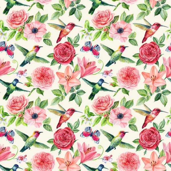 Parlak, dikdörtgen arka plan deseni. Gül, şakayık, sinekkuşlu zambak. El çizimi suluboya. Yüksek kaliteli illüstrasyon