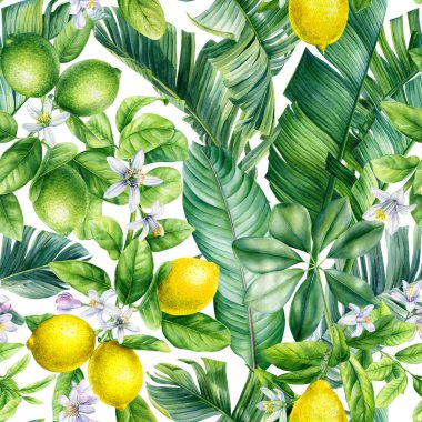 Lemon fruit, leaves and flowers, tropical background, watercolor painting. Seamless pattern, summer wallpaper. High quality illustration