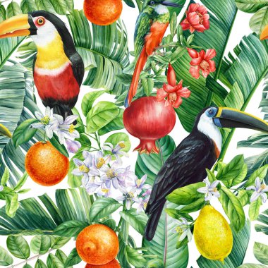 Birds, Palm leaves, pomegranate fruit and flowers, tropical background, watercolor jungle. Floral Seamless pattern . High quality illustration