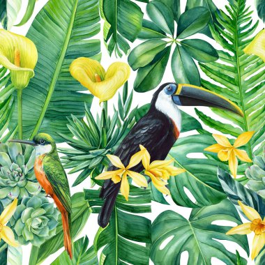 Renkli palmiye yaprakları, tropik arka plan, elle çizilmiş suluboya botanik resim. Kusursuz desen, orman duvar kâğıdı. Yüksek kaliteli illüstrasyon