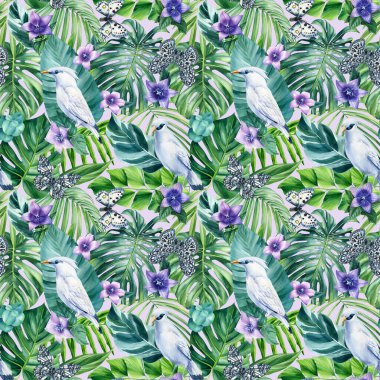 Bali Starling, leaves and butterfly. Tropical Seamless pattern, jungle illustration print. Watercolor style . High quality illustration