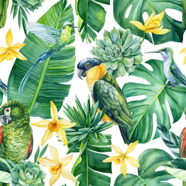 Palm leaves, vanilla flowers and parrots, tropical background, watercolor painting. Seamless pattern, jungle wallpaper. High quality illustration