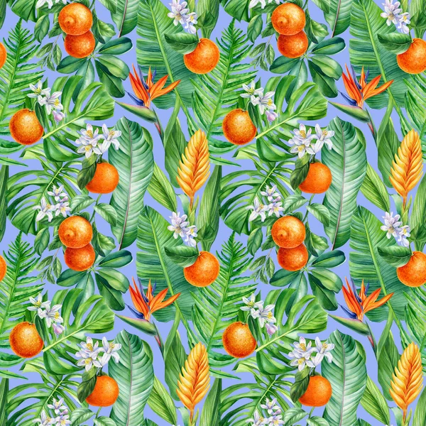 Seamless Tropical Pattern Palm Leaves Branches Ripe Orange Lemon Floral — 스톡 사진