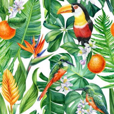 Colored birds. Palm leaves, tropical background, watercolor painting. Seamless pattern, jungle wallpaper. High quality illustration