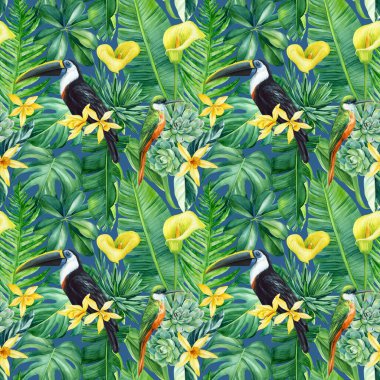 Renkli palmiye yaprakları, tropik arka plan, elle çizilmiş suluboya botanik resim. Kusursuz desen, orman duvar kâğıdı. Yüksek kaliteli illüstrasyon