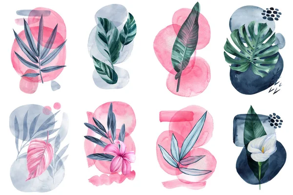Botanical abstract wall arts watercolor collection. Tropical leaves arts, Hand draw Organic shape design for wall framed prints, cover and poster. High quality illustration