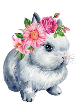 Cat and flower wreath, cute kitten on summer flora on isolated white background. watercolor illustration. High quality illustration