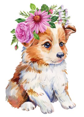 cat and flower wreath, cute kitten on summer flora on isolated white background. Watercolor hand drawn illustration. High quality illustration