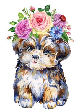 cat and flower wreath, cute kitten on summer flora on isolated white background. Watercolor hand drawn illustration. High quality illustration