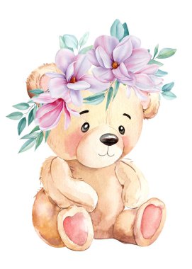 Teddy bear toy and blooming flowers , baby on isolated background. Watercolor hand drawn illustration. High quality illustration