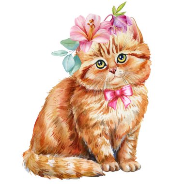 Cat and flower wreath, cute kitten on summer flora on isolated white background. watercolor illustration. High quality illustration