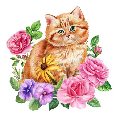 Bahar çiçekleri, yaprakları olan sevimli bir kedi, izole beyaz arka planda yavru bir hayvan. Suluboya kırmızı kedi yavrusu. Yüksek kaliteli illüstrasyon