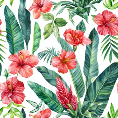 Çiçeksiz desen, duvar kağıdı ormanı ve tropik palmiye ağaçları ve tropikal kırmızı çiçek, bromeliad, amber çiçeği. Yüksek kaliteli illüstrasyon