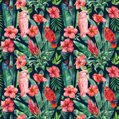 Çiçeksiz desen, duvar kağıdı ormanı tropik palmiye ağaçları ve tropikal kuşlar. Kırmızı çiçek, bromeliad, amber çiçeği. Yüksek kaliteli illüstrasyon