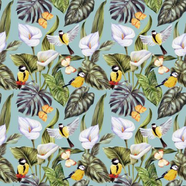 Tropikal antika bitkiler ve kuş desensiz egzotik botanik orman duvar kâğıdı. Suluboya elle çizilmiş resim. Yüksek kaliteli illüstrasyon