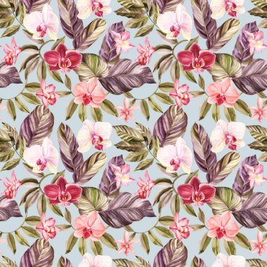 Tropik dikişsiz vintage desen, palmiye yaprakları, orkide çiçekleri ve kuşlar. Egzotik orman duvar kağıdı. El çizimi botanik çizimi. Yüksek kaliteli illüstrasyon