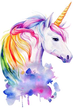 Beyaz arka planda güzel renkli tek boynuzlu at. Suluboya hayvanlar elle çizilmiş. Yüksek kaliteli illüstrasyon