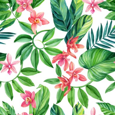 Tropik vintage palmiye ağaçları, muz ağacı çiçekli, dikişsiz egzotik botanik orman duvar kağıdı. El çizimi resim. Yüksek kaliteli illüstrasyon