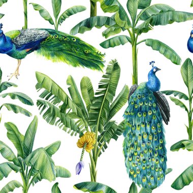 Tropik vintage palmiye ağaçları, muz ağacı çiçekli, dikişsiz egzotik botanik orman duvar kağıdı. El çizimi resim. Yüksek kaliteli illüstrasyon