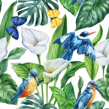 Tropik suluboya palmiye yaprağı, kalla çiçeği, kralbalıkçısı kuş ve kelebek, kusursuz desenli egzotik orman duvar kağıdı. - Evet. Yüksek kaliteli illüstrasyon