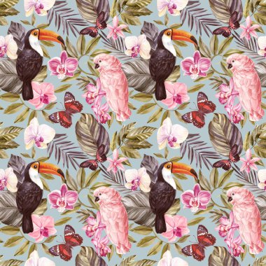 Tropik dikişsiz vintage desen, palmiye yaprakları, orkide çiçekleri ve kuşlar. Egzotik orman duvar kağıdı. El çizimi botanik çizimi. Yüksek kaliteli illüstrasyon