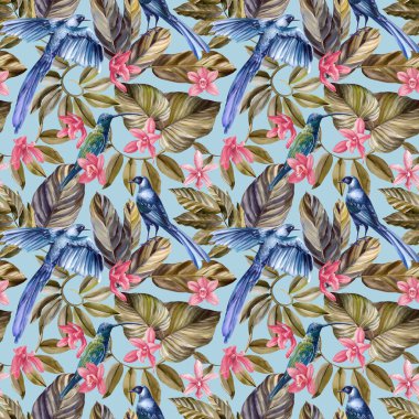 Tropik dikişsiz vintage desen, palmiye yaprakları, orkide çiçekleri ve kuşlar. Egzotik orman duvar kağıdı. El çizimi botanik çizimi. Yüksek kaliteli illüstrasyon