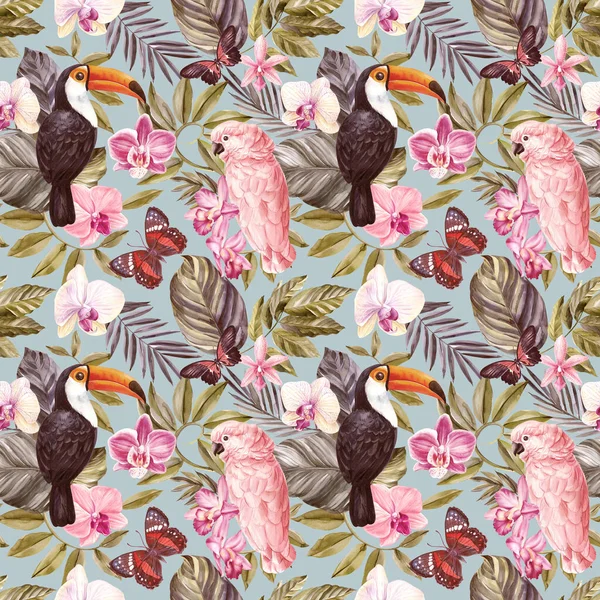 Tropical seamless vintage pattern, palm leaves, orchid flowers and birds. Exotic jungle wallpaper. hand drawn botanical illustration. High quality illustration